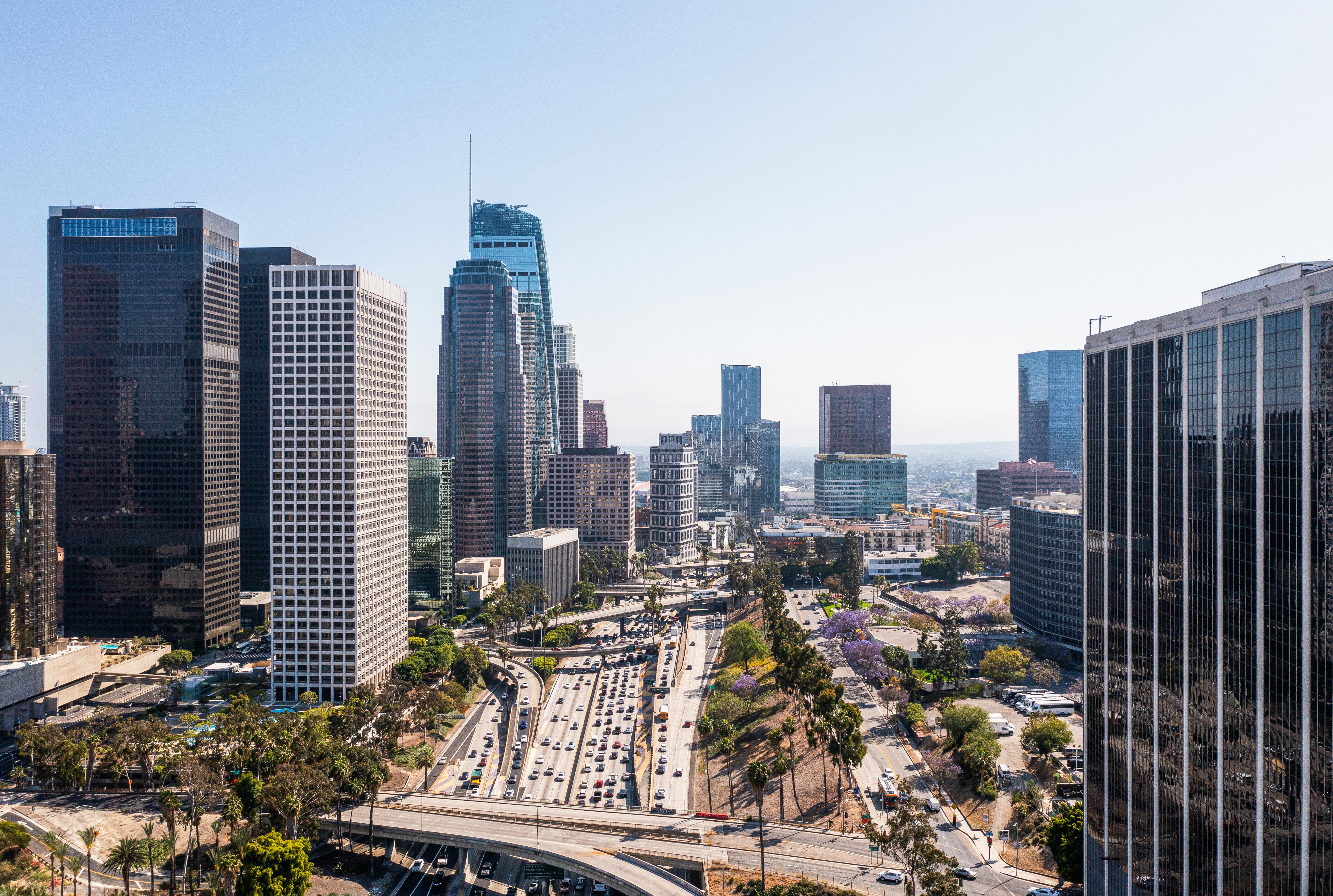Cinematic aerial view of Los Angeles skyline — Drones City aerial photography